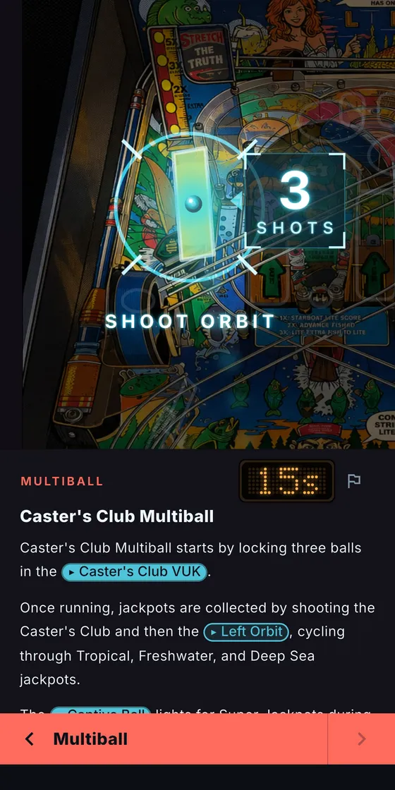 Fish Tales, the Caster's Club Multiball entry, with linked shots in its rules
