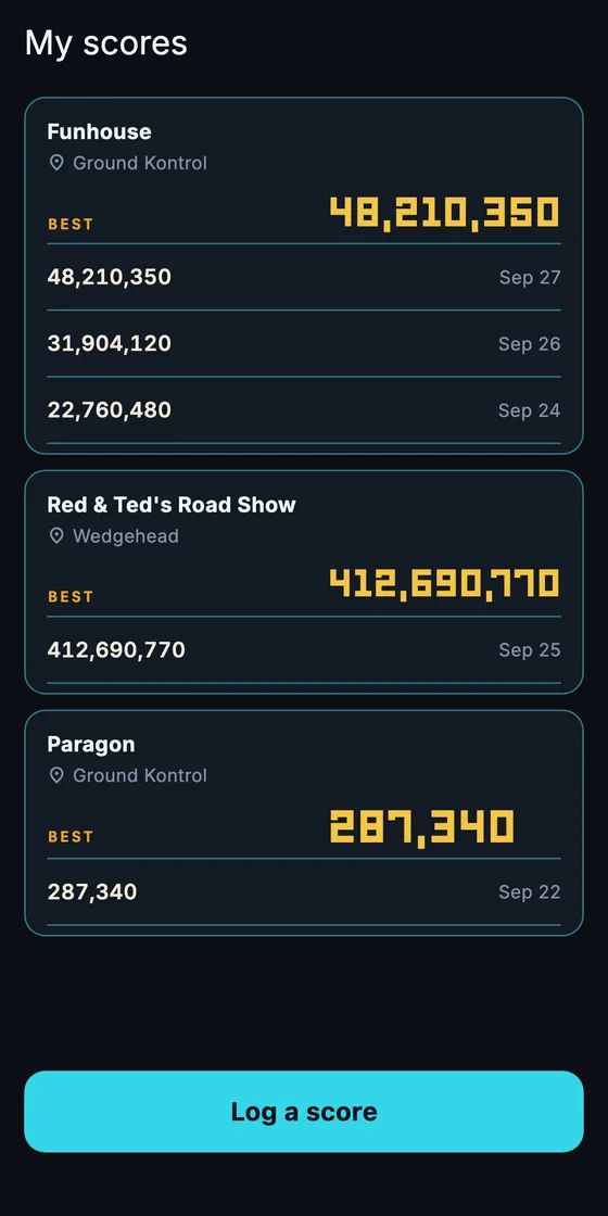 My scores, with a best score per machine and venue (example scores)